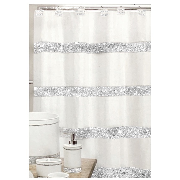 White Diamonds Shower Curtain Fabric Sparkling Rhinestones 72” x 72” White - Picture 4 of 14